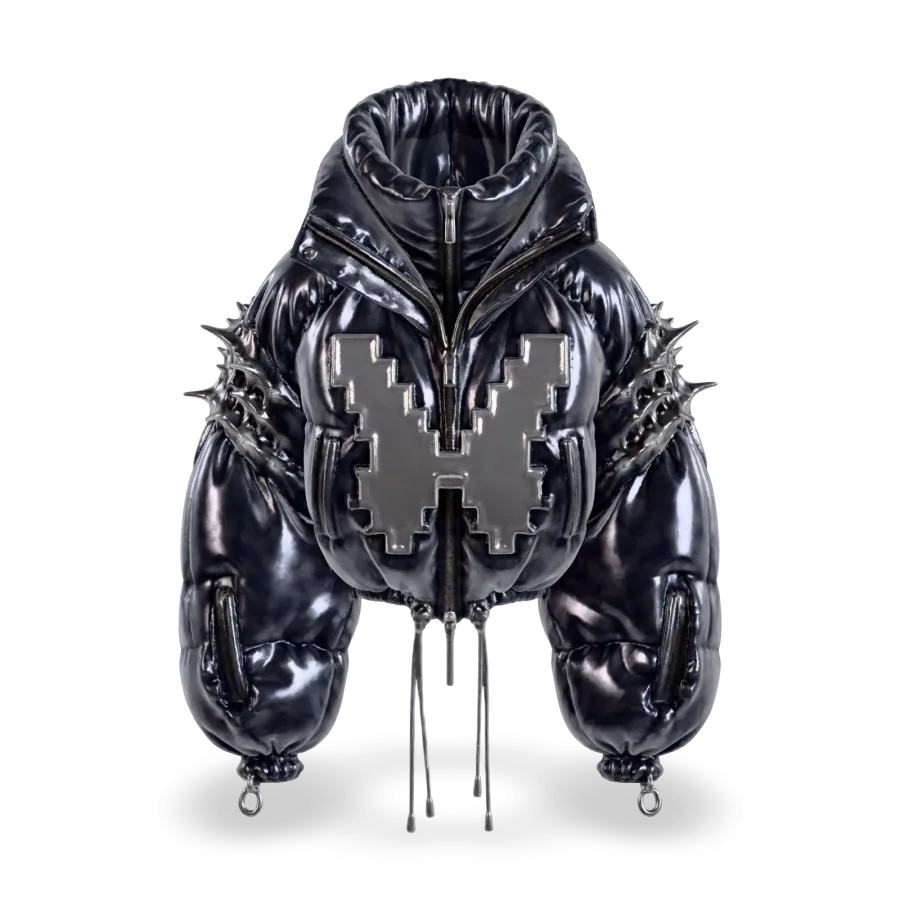 A cropped chrome puffer jacket created on Unelma